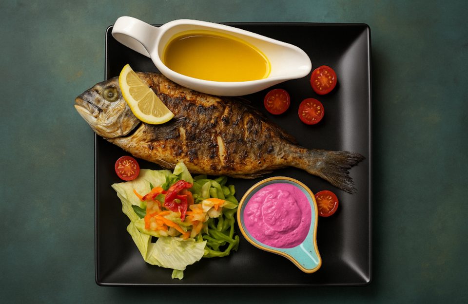 Ganze Dorade vom Grill mit Zitrone, Salat und Olivenöl