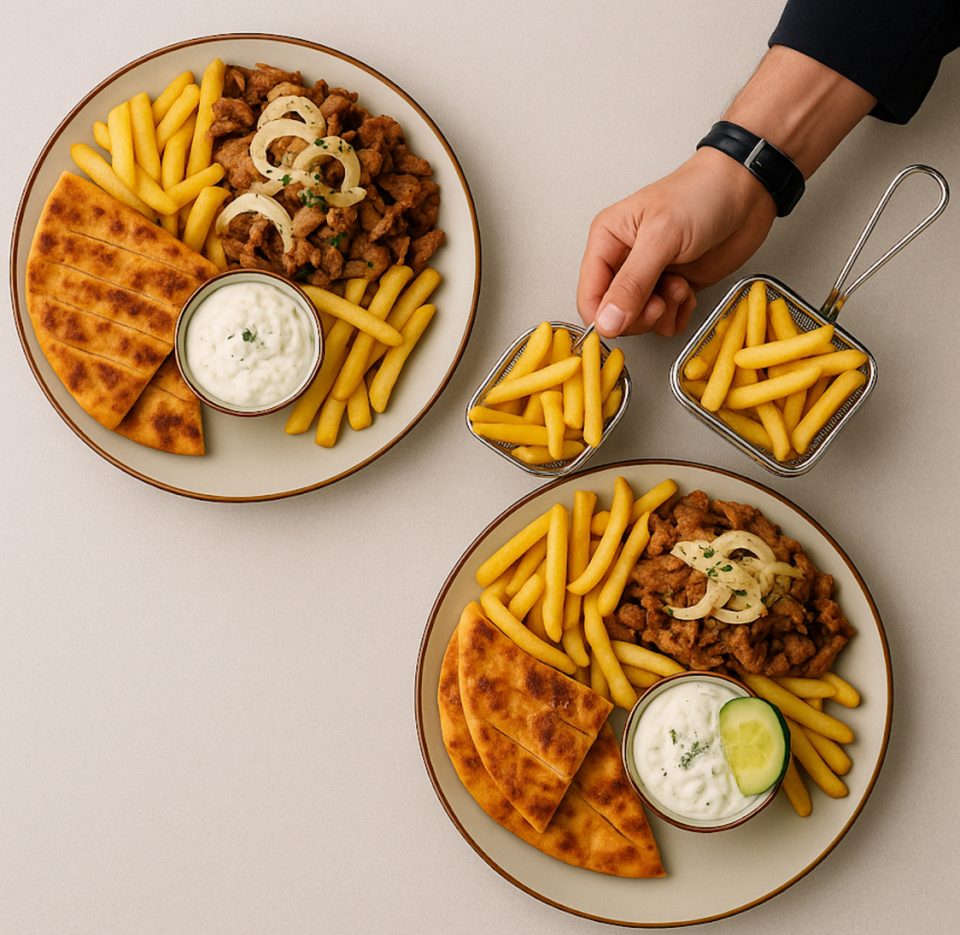Gyros-Teller mit Pita, Pommes und Tzatziki von oben